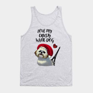 Funny French Christmas Love My Crusty White Dog Fluffy Maltese Shih Tzu Puppy Tank Top